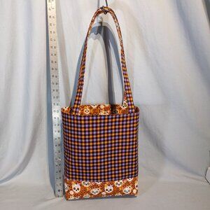 Hand-made reversible Halloween tote bag! 2 bags in 1! New! Sugar Skulls w/plaid!